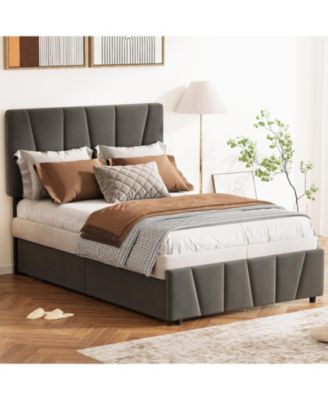 Linen Upholstered Bed Frame - Platform Bed Frame with 4 Storage Drawers & Adjustable Headboard, Wood Slat Support, No Box Sping Needed