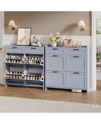 Shoe Cabinet with 4 Flip Drawers & 2 Top Drawers, Wooden Shoe Organizer Cabinet with Adjustable Shelf