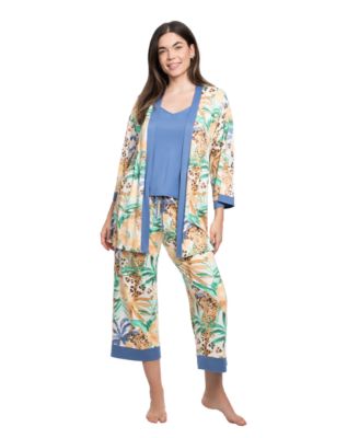 Women's Printed Long-Sleeve Wrapper, Camisole and Pants, 3-Piece Set