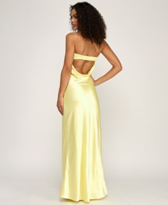 Juniors' Strapless Drape-Back Satin Gown