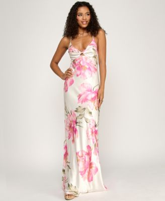 Juniors' Printed V-Neck Gown