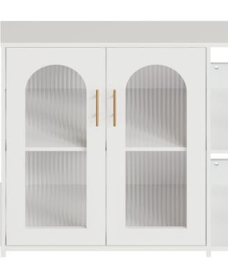 2PCS Whhite Storage Cabinet with Glass Door,Open Shelves,Sideboard Buffet Cabinet,2-Tier Floor Storage Cabinet for Living Room,Bathroom,Kitchen
