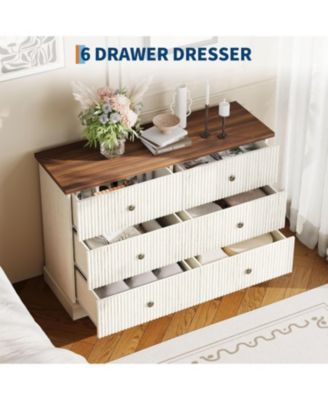 6 Drawer Dresser for Bedroom, Fluted Horizontal Chest of Drawers, Wide Wood Dresser with Metal Handles
