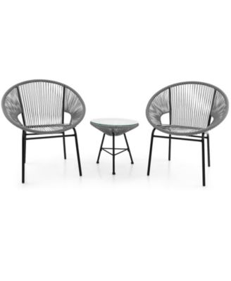 3 Pieces Acapulco Chair Set Wicker Conversation Bistro Set w/ Tempered Glass Table