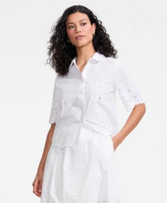 Women's Poplin Eyelet Button Front Shirt