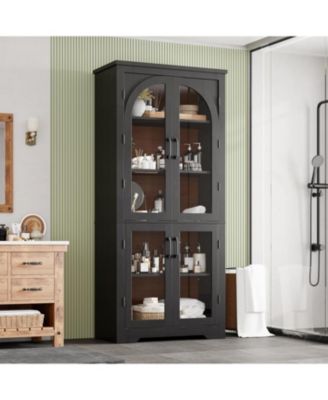 70" Tall Kitchen Pantry Cabinet - Modern Display Cabinet with 4 Arched Glass Doors and Adjustable Shelves, Versatile Cupboard Organizers