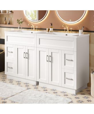 60" Double Sink Bathroom Vanity with Dual SMC Resin Basins, Soft Close Drawers & Adjustable Shelves for Large Bathrooms