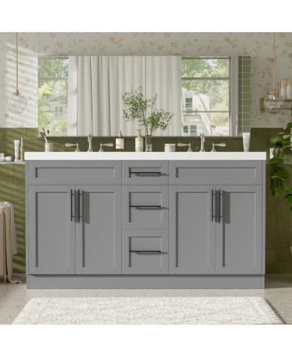 59.3" Double Sink Bathroom Vanity with SMC Integrated Basin, Soft Close Drawers & Adjustable Shelf for Large Bathrooms