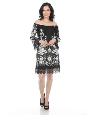 Women's Off-The-Shoulder Printed Bell-Sleeve Lace Hem Dress