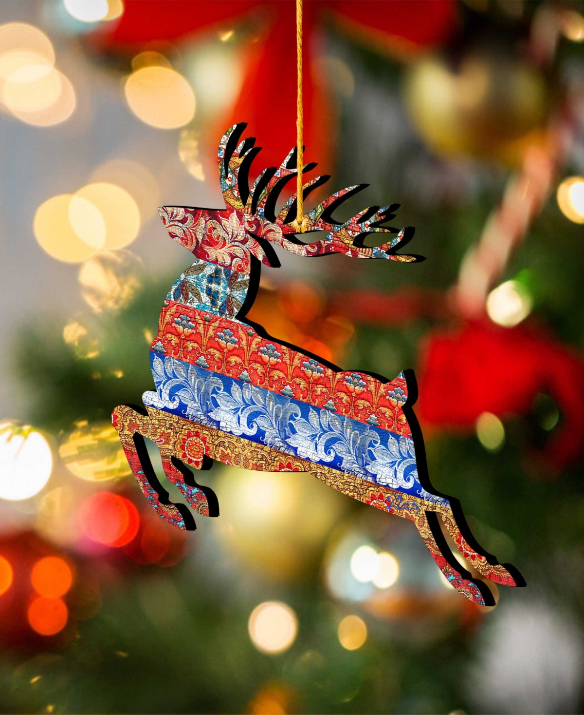 Designocracy Rustic Prancing Deer Wooden Christmas Ornament, Set of 2