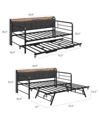 twin daybed with pop-up trundle, linen upholstery, storage headboard with charging ports, LED lights, and durable metal frame