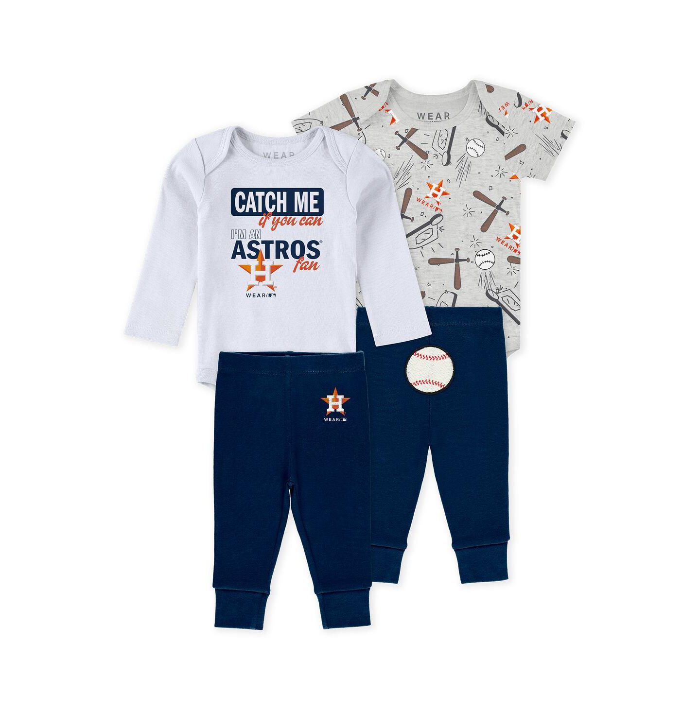Комплект WEAR by Erin Andrews Heather Gray/White/Navy Houston Astros Turn Me Around Bodysuits & Pants Set для малышей — фото 1