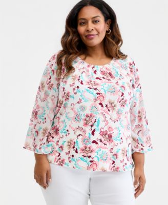 Plus Size Bold Floral Scroll Chiffon-Sleeve Gathered-Neck Top