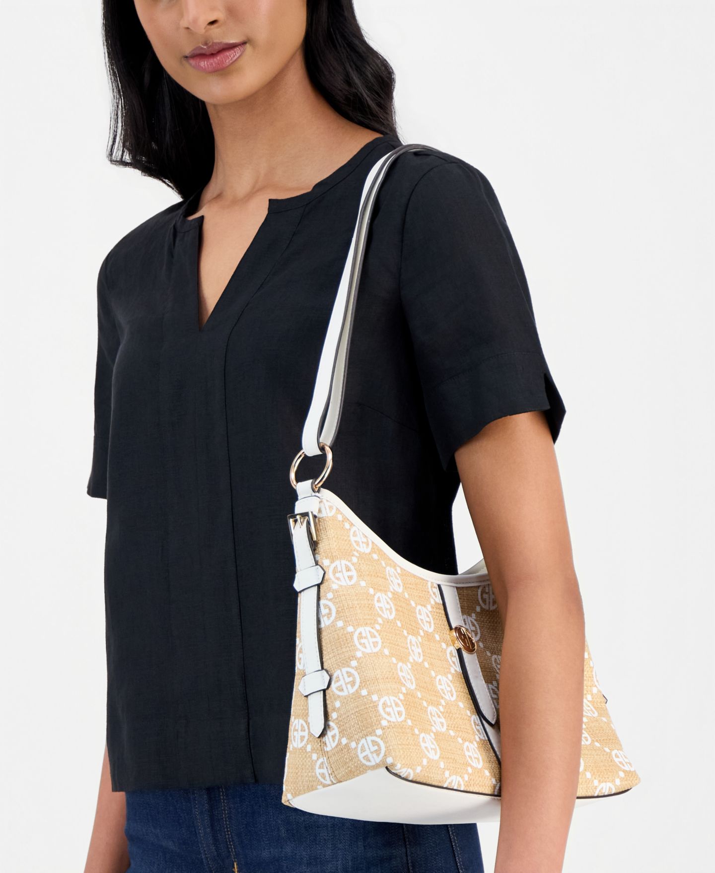 Женская сумка Giani Bernini Belted Monogram Straw Shoulder, цвет: Натуральный / Белый — фото 2