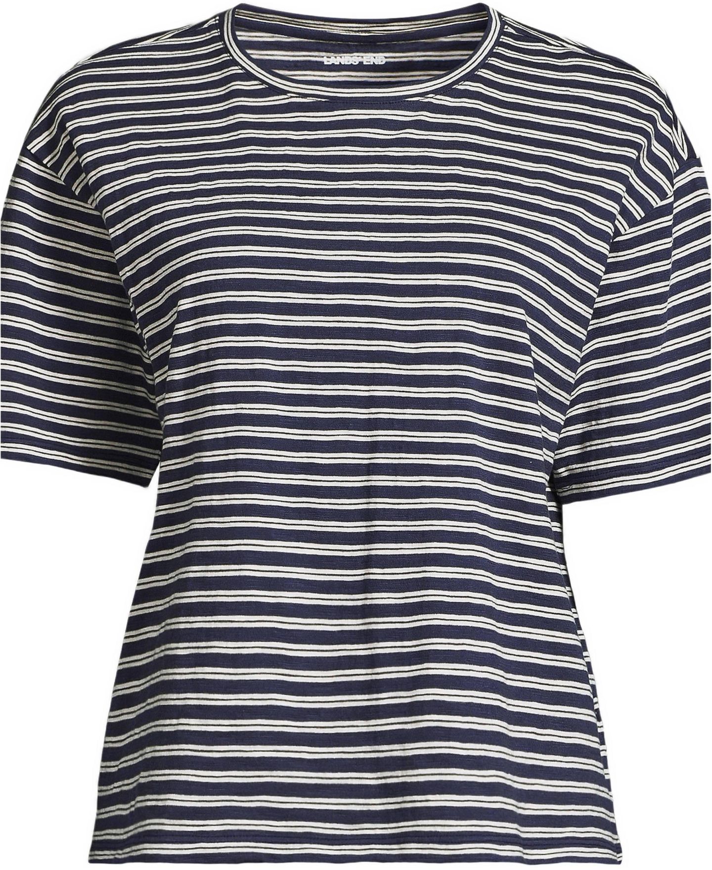 Женская футболка Lands' End Plus Size Short Sleeve Slub Jersey, цвет: Тёмно-синий / Слоновая кость латте полосатый — фото 3