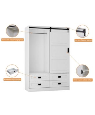 Tall Bedroom Armoire Wardrobe Closet Clothing Storage Cabinet with Hanging Rod Barn Door Drawers and Open Shelves
