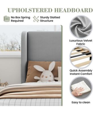 Twin Bed Frame with Wingback Headboard, Vertical Stripe Velvet Upholstery, 2 Storage Pockets, Wood Slats