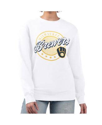 Women's White Milwaukee Brewers Pinstripe Circle Team Fleece Pullover Sweatshirt