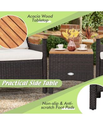 3PCS Patio Rattan Furniture Set Wooden Armrest Table Top Cushioned Deck
