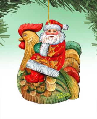 Santa Rooster Wooden Christmas Ornament, Set of 2