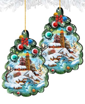 Light House Tree Wooden Christmas Ornament Set of 2