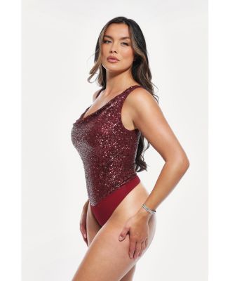 Women's Sequin Cowl Neck Chain Detail Sculpting Bodysuit