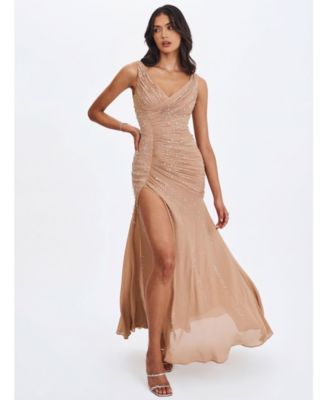 Women's Viveca Apricot Crystal-Embellished Asymmetrical Ruched Maxi Dress