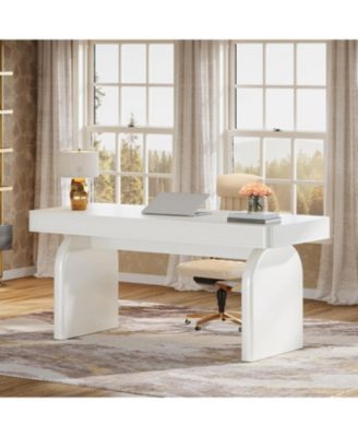 White Desk with Drawers, 63-Inch Modern Executive Office Desk, Glossy Elegant Work Study Desk Writing Table for Home Office