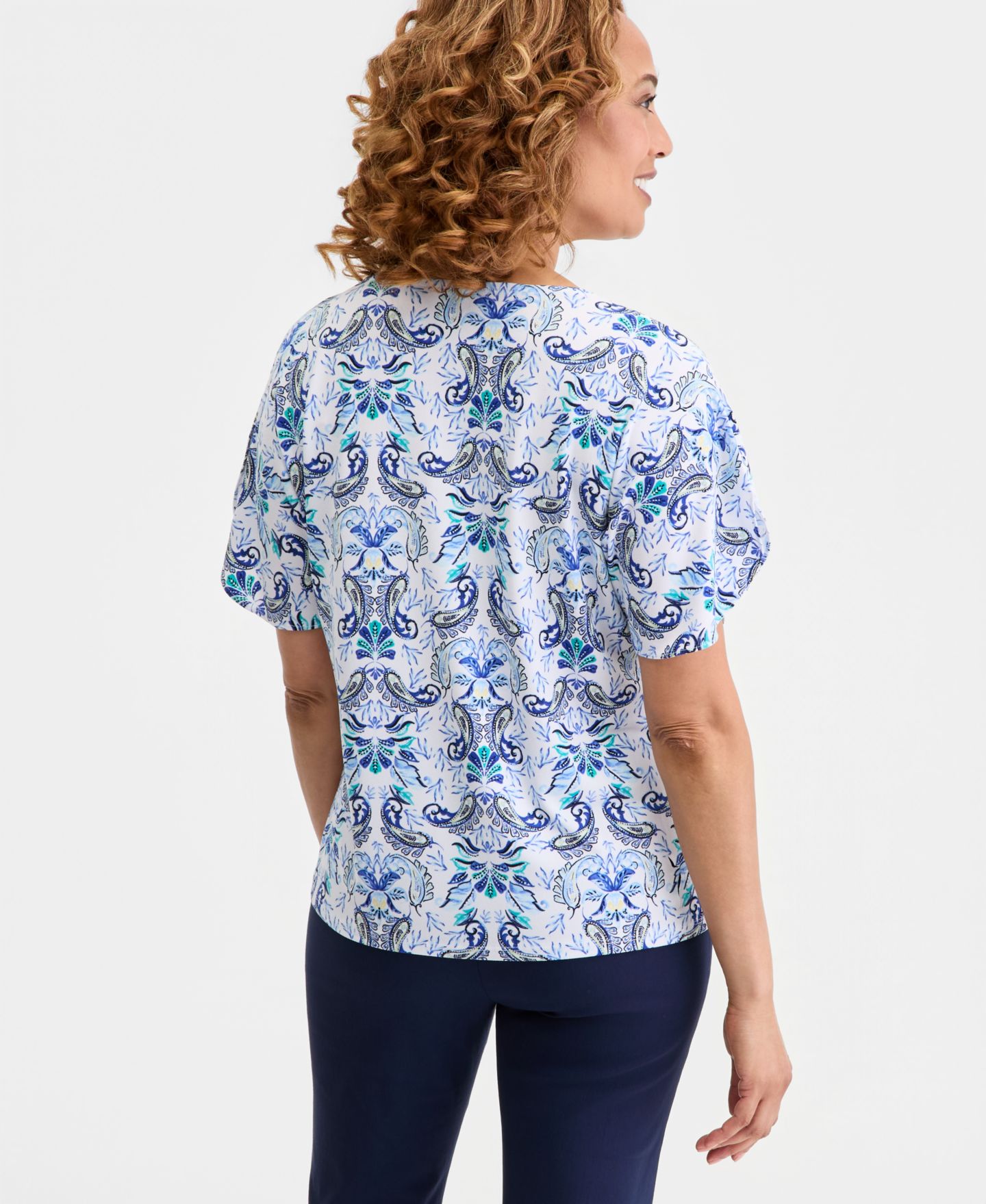 Женский топ JM Collection Short Dolman-Sleeve Printed Keyhole Knit Top, цвет: Яркий белый — фото 4