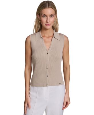Women's Sleeveless Button-Front Collared Sweater