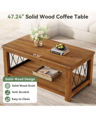 47.2" Solid Wood Coffee Table, Farmhouse Rectangular Center Table, 2-Tier Low Cocktail Tea Table