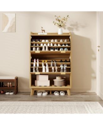 Fluted Shoe Storage Cabinet for Entryway with 2 Flip Drawers and Adjustable Shelves 48 inch Tall Freestanding Narrow Wood Shoe