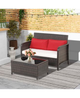 2PCS Patio PE Wicker Rattan Loveseat Sofa Set w/ Coffee Table and Cushions