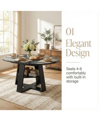 Extendable Round Dining Table for 4-8 People with Storage Shelf