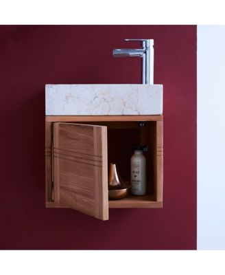 Basic Teak and Marble Bathroom Vanity Cabinet Cream