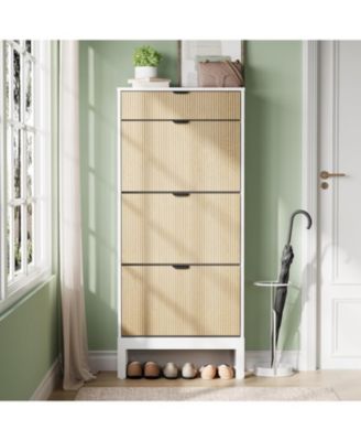 Shoe Storage Cabinet with 3 Flip Drawers Fluted Organizer Metal Legs Slim Entryway Rack and Oak