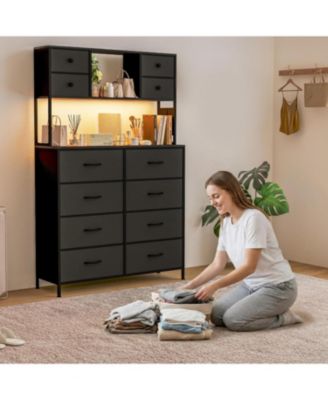 12-Drawer Dresser with Power Outlet & Open Shelves - LED Light Wood Top Metal Frame Fabric Dresser for Bedroom, Hallway