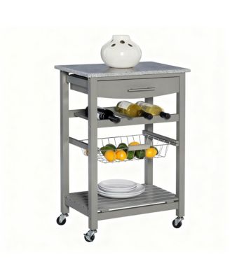 Granite top pine kitchen storage cart with casters and drawers