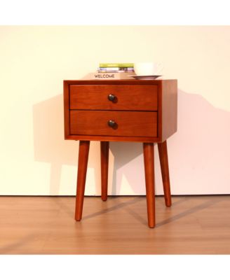 Mid Century Nightstand with Solid Wood Legs, Side End Table with 2 Drawers, Vintage Bedside Cabinet for Bedroom, Living Room