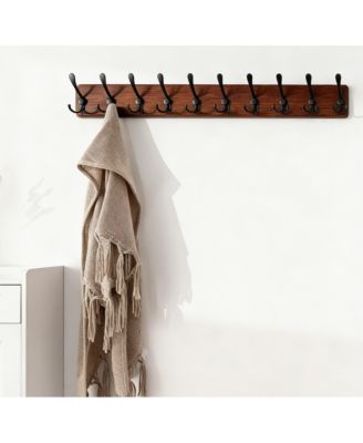 Rustic Wood Coat Rack - 10 Hooks for Coats, Hats, Bags - Wall Mount