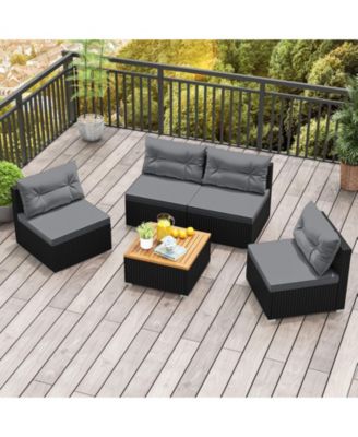 Set Of 5 Outdoor Furniture Set w/ Seat and Back Cushions Acacia Wood Tabletop