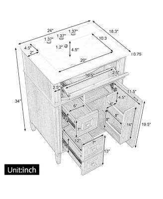 24" Freestanding Bathroom Vanity with Ceramic Sink, Solid Wood & MDF, Soft-Close Drawers, Flip-Out Storage for Modern Bathrooms