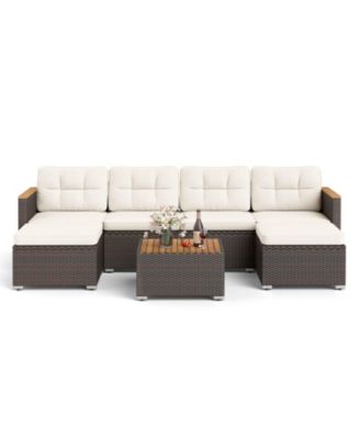 Set Of 7 Wicker Conversation Set w/ Seat and Back Cushions Wood Armrests and Tabletop