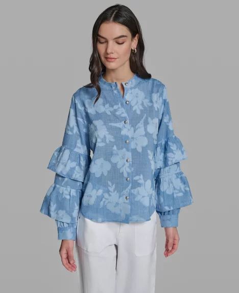 Petite Printed Mock Neck Blouse - Medium Wash