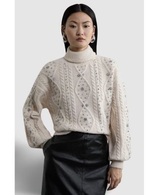 Women's Wool Blend Embellished Cable Knit Jumper