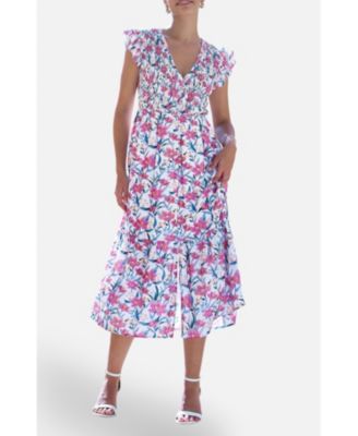 Women's Viscose Floral Ruched Waist Midi Dress