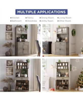 Kitchen Pantry Cabinet with Microwave Stand & Coffee Bar,Wooden Freestanding Hutch Cabinet with Adjustable Shelves and 4 Doors