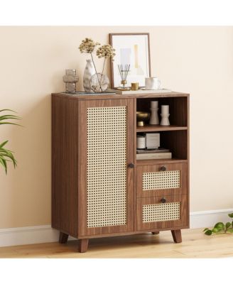 Rattan Buffet Cabinet, Kitchen Sideboard with 2 Drawers for Living Room, Dining Room, Entryway (Walnut)