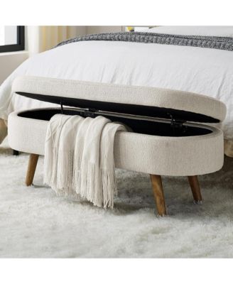 Oval Storage Ottoman Bench - Upholstered End of Bed Bench with Safety Hinge Flip Top and Solid Wood Legs for Bedroom (Beige)