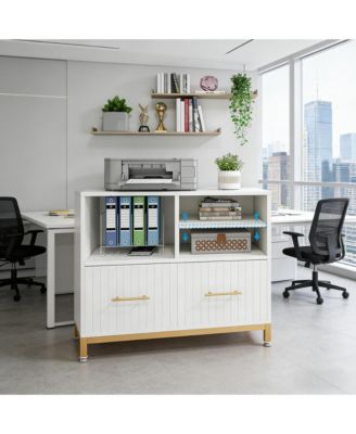 File Storage Cabinet for Letter/Legal/A4 Size Files, Modern Wood Lateral File Cabinet with Drawer and 3 Open Storage Spaces for Home Office